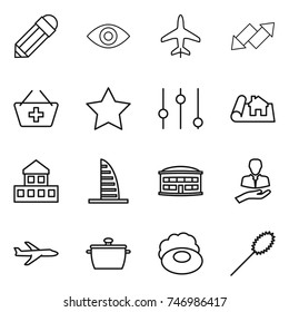 thin line icon set : pencil, eye, plane, up down arrow, add to basket, star, equalizer, project, cottage, skyscraper, airport building, client, pan, soap, duster