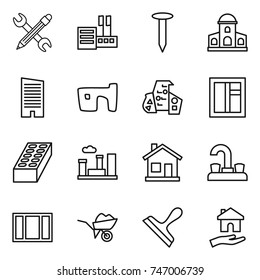 thin line icon set : pencil wrench, store, nail, mansion, skyscraper, slum, modern architecture, window, brick, city, home, water tap, wheelbarrow, scraper, housing