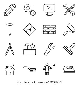 thin line icon set : pencil, gear, monitor arrow, wrench, nail, under construction, brick wall, repair, drawing compasses, tools, scraper, house cleaning, brush, woman with duster, iron