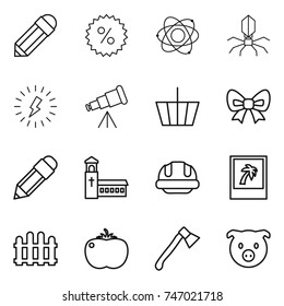 thin line icon set : pencil, percent, atom, virus, lightning, telescope, basket, bow, church, building helmet, photo, fence, tomato, axe, pig