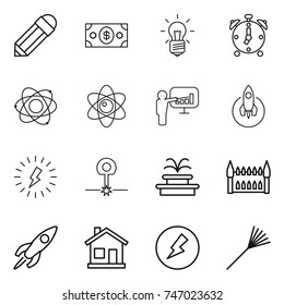 thin line icon set : pencil, money, bulb, alarm clock, atom, presentation, rocket, lightning, laser, fountain, gothic architecture, home, electricity, rake