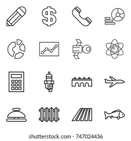 thin line icon set : pencil, dollar, phone, diagram, circle, statistics, satellite, atom, calculator, spark plug, bridge, plane, service bell, radiator, field, fish
