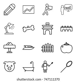 thin line icon set : pencil, statistics, courier, presentation, table lamp, bone, arch, bridge, restaurant, yacht, fence, tomato, pig, bath, woman with duster