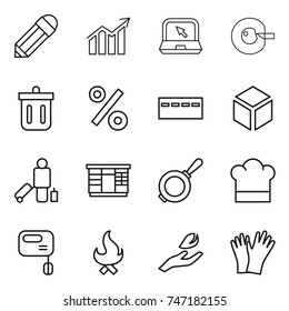 thin line icon set : pencil, diagram, notebook, cell corection, bin, percent, bunker, 3d, passenger, wardrobe, pan, cook hat, mixer, fire, hand leaf, gloves