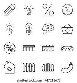 thin line icon set : pencil, bulb, percent, brain, add to basket, bridge, smart house, fence, eggplant