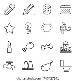 thin line icon set : pencil, marker, dollar, calendar, star, bulb, hex molecule, satellite, lipstick, chicken leg, bone, mansion, water tap, salt pepper, toilet