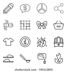 thin line icon set : pencil, money message, diagram, molecule, satellite, chip, bow, remove from basket, t shirt, info, disco ball, dresser, slippers, ladle, mixer, fire