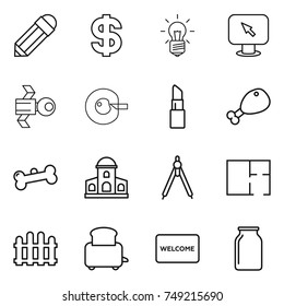 thin line icon set : pencil, dollar, bulb, monitor arrow, satellite, cell corection, lipstick, chicken leg, bone, mansion, drawing compasses, plan, fence, toaster, welcome mat, bank