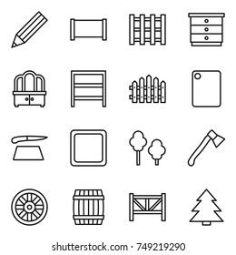 thin line icon set : pencil, fence, pallet, chest of drawers, dresser, rack, cutting board, trees, axe, wheel, barrel, farm, spruce