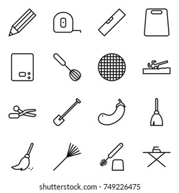 thin line icon set : pencil, measuring tape, level, cutting board, kitchen scales, whisk, sieve, soil cutter, scissors, shovel, eggplant, broom, rake, toilet brush, iron