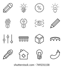 thin line icon set : pencil, bulb, percent, brain, eye identity, equalizer, bridge, 3d, smart house, eggplant