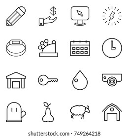 thin line icon set : pencil, investment, monitor arrow, lightning, smart bracelet, cashbox, calendar, clock, warehouse, key, drop, surveillance camera, cook glove, pear, sheep, barn