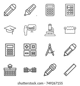 thin line icon set : pencil, marker, calculator, abacus, graduate hat, presentation, microscope, electrostatic, draw compass, university, school, ruler