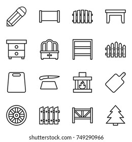 thin line icon set : pencil, fence, table, nightstand, dresser, rack, cutting board, fireplace, wheel, farm, spruce