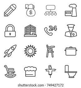 thin line icon set : pencil, money gift, structure, factory, lock, office, phone 24, security man, rocket, sun, Chair for babies, pan, rocking, chief hat, scarecrow, toilet