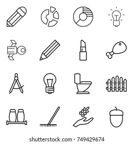 thin line icon set : pencil, circle diagram, bulb, satellite, lipstick, chicken leg, draw compass, toilet, fence, salt pepper, rake, harvest, acorn