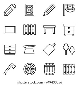 thin line icon set : pencil, abacus, shop signboard, fence, pallet, table, nightstand, chest of drawers, cutting board, trees, axe, wheel, barrel