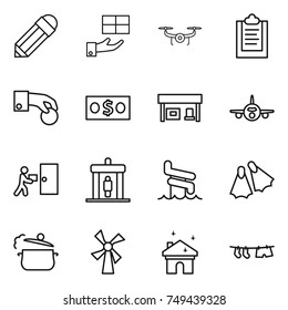 thin line icon set : pencil, gift, drone, clipboard, hand coin, money, gas station, plane, courier delivery, detector, aquapark, flippers, steam pan, windmill, house cleaning, drying clothe