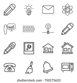 Thin Line Icon Set : Pencil, Bulb, Mail, Atom, Presentation, Battery, Laser, Photo, Home, Phone, Broom, Bell, Microwave Oven