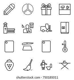 thin line icon set : pencil, diagram, gift, tools, church, architector, fork loader, fridge, cutting board, thermometer, strawberry, broom, toilet cleaning, iron