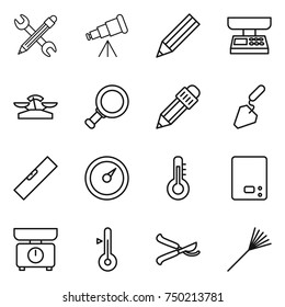 thin line icon set : pencil wrench, telescope, market scales, magnifier, construction, level, barometer, thermometer, kitchen, pruner, rake