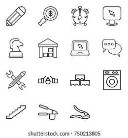 thin line icon set : pencil, dollar magnifier, alarm clock, monitor arrow, chess horse, warehouse, notebook, discussion, wrench, drawbridge, block wall, washing machine, stairs, garlic clasp