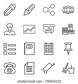 thin line icon set : pencil, marker, share, team, woman, statistics, presentation, store, list, copybook, building, pin, phone, document, suitcase, bucket and broom