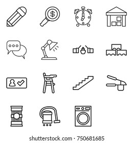 thin line icon set : pencil, dollar magnifier, alarm clock, warehouse, discussion, table lamp, drawbridge, block wall, check in, Chair for babies, stairs, garlic clasp, pasta, vacuum cleaner