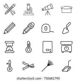 thin line icon set : pencil wrench, microscope, telescope, electrostatic, measuring tape, construction, sand clock, thermometer, kitchen scales, pruner, rake, scoop