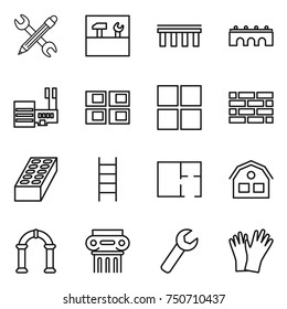 thin line icon set : pencil wrench, tools, bridge, mall, panel house, window, brick wall, stairs, plan, arch, antique column, gloves