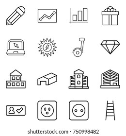 thin line icon set : pencil, statistics, graph, gift, notebook, sun power, diamond, cottage, warehouse, building, office, check in, socket, stairs