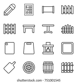 thin line icon set : pencil, abacus, fence, pallet, table, cutting board, fireplace, wheel, barrel