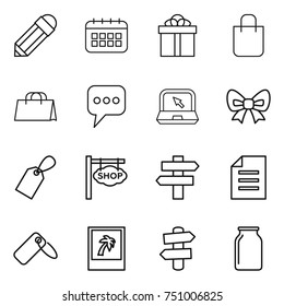 thin line icon set : pencil, calendar, gift, shopping bag, message, notebook, bow, label, shop signboard, singlepost, document, photo, signpost, bank