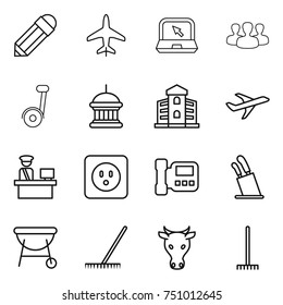 thin line icon set : pencil, plane, notebook, group, segway, goverment house, building, customs control, power socket, intercome, stands for knives, bbq, rake, cow