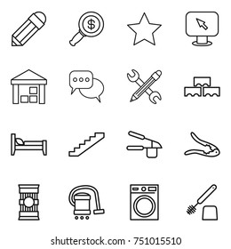 thin line icon set : pencil, dollar magnifier, star, monitor arrow, warehouse, discussion, wrench, block wall, bed, stairs, garlic clasp, walnut crack, pasta, vacuum cleaner, washing machine