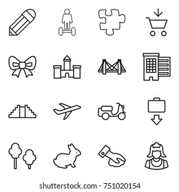 thin line icon set : pencil, hoverboard, puzzle, add to cart, bow, castle, bridge, houses, pyramid, plane, scooter shipping, baggage get, trees, rabbit, wiping, cleaner