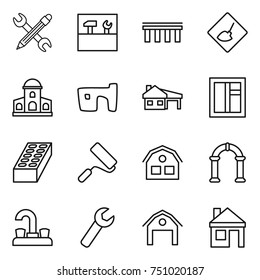 thin line icon set : pencil wrench, tools, bridge, under construction, mansion, slum, house with garage, window, brick, repair, arch, water tap, barn