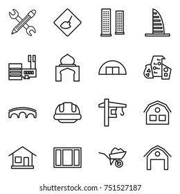 thin line icon set : pencil wrench, under construction, skyscrapers, skyscraper, mall, minaret, hangare, modern architecture, bridge, building helmet, tower crane, house, home, window, wheelbarrow