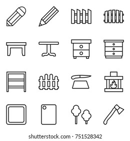 thin line icon set : pencil, fence, table, nightstand, chest of drawers, rack, cutting board, fireplace, trees, axe