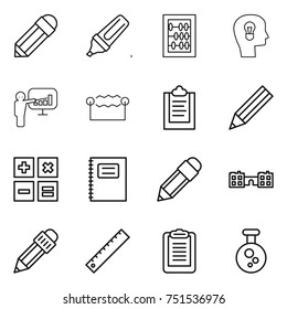 thin line icon set : pencil, marker, abacus, bulb head, presentation, electrostatic, clipboard, calculator, copybook, school, ruler, chemical