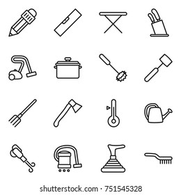 thin line icon set : pencil, level, iron board, stands for knives, vacuum cleaner, pan, whisk, meat hammer, fork, axe, thermometer, watering can, blower, plunger, brush