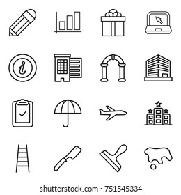 thin line icon set : pencil, graph, gift, notebook, info, houses, arch, office, clipboard check, dry cargo, plane, hotel, stairs, chef knife, scraper, spot