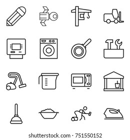 thin line icon set : pencil, satellite, tower crane, fork loader, atm, washing machine, pan, repair tools, vacuum cleaner, measuring cup, microwave oven, utility room, plunger, foam basin, iron