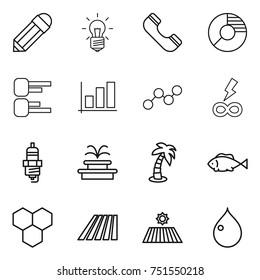 thin line icon set : pencil, bulb, phone, circle diagram, graph, infinity power, spark plug, fountain, palm, fish, honeycombs, field, drop