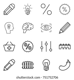 thin line icon set : pencil, bulb, percent, head, brain, eye identity, add to basket, equalizer, bridge, fence, eggplant