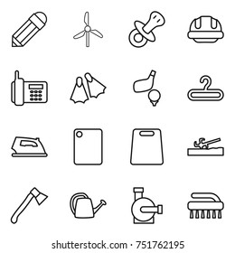 thin line icon set : pencil, windmill, nipple, building helmet, phone, flippers, golf, hanger, iron, cutting board, soil cutter, axe, watering can, water pump, brush