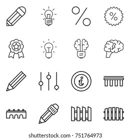 thin line icon set : pencil, bulb, percent, medal, brain, equalizer, info, bridge, fence