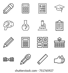 thin line icon set : pencil, calculator, abacus, graduate hat, brain, round flask, microscope, clipboard, university, school, ruler, acid