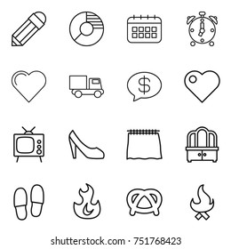 thin line icon set : pencil, circle diagram, calendar, alarm clock, heart, truck, money message, tv, shoes, curtain, dresser, slippers, fire, pretzel