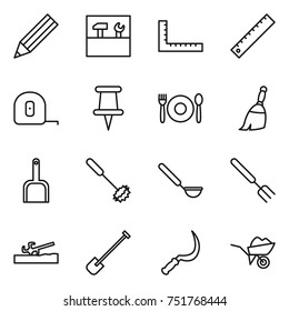 thin line icon set : pencil, tools, ruler, measuring tape, pin, cafe, broom, scoop, whisk, ladle, big fork, soil cutter, shovel, sickle, wheelbarrow